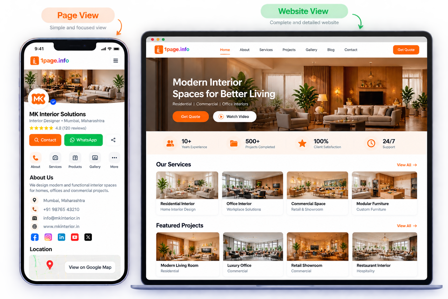 Example of a 1page.info Page View on mobile and Website View on desktop