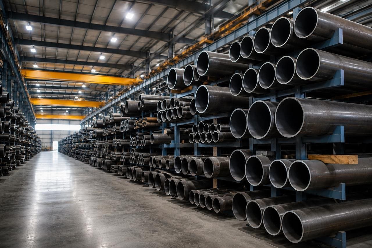 Organized stacks of 4130 chromoly tubing in a metal and steel supplier warehouse, with industrial lighting and storage racks in the background.