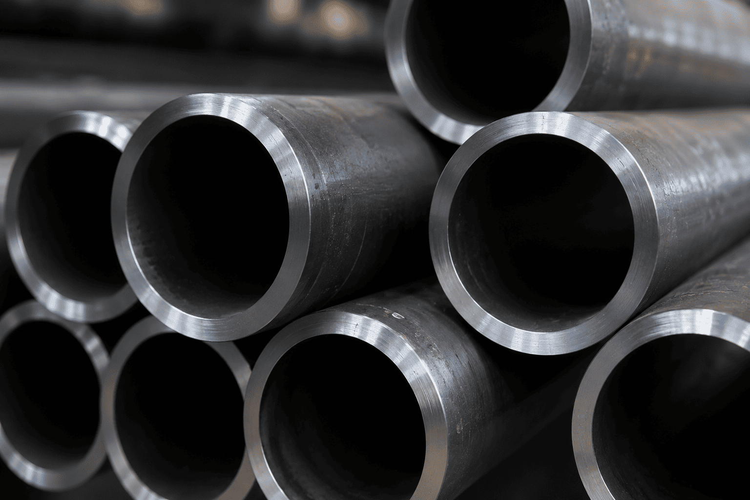 Low temperature carbon steel pipes stacked in an industrial warehouse ready for export, surrounded by steel machinery and packaging materials.