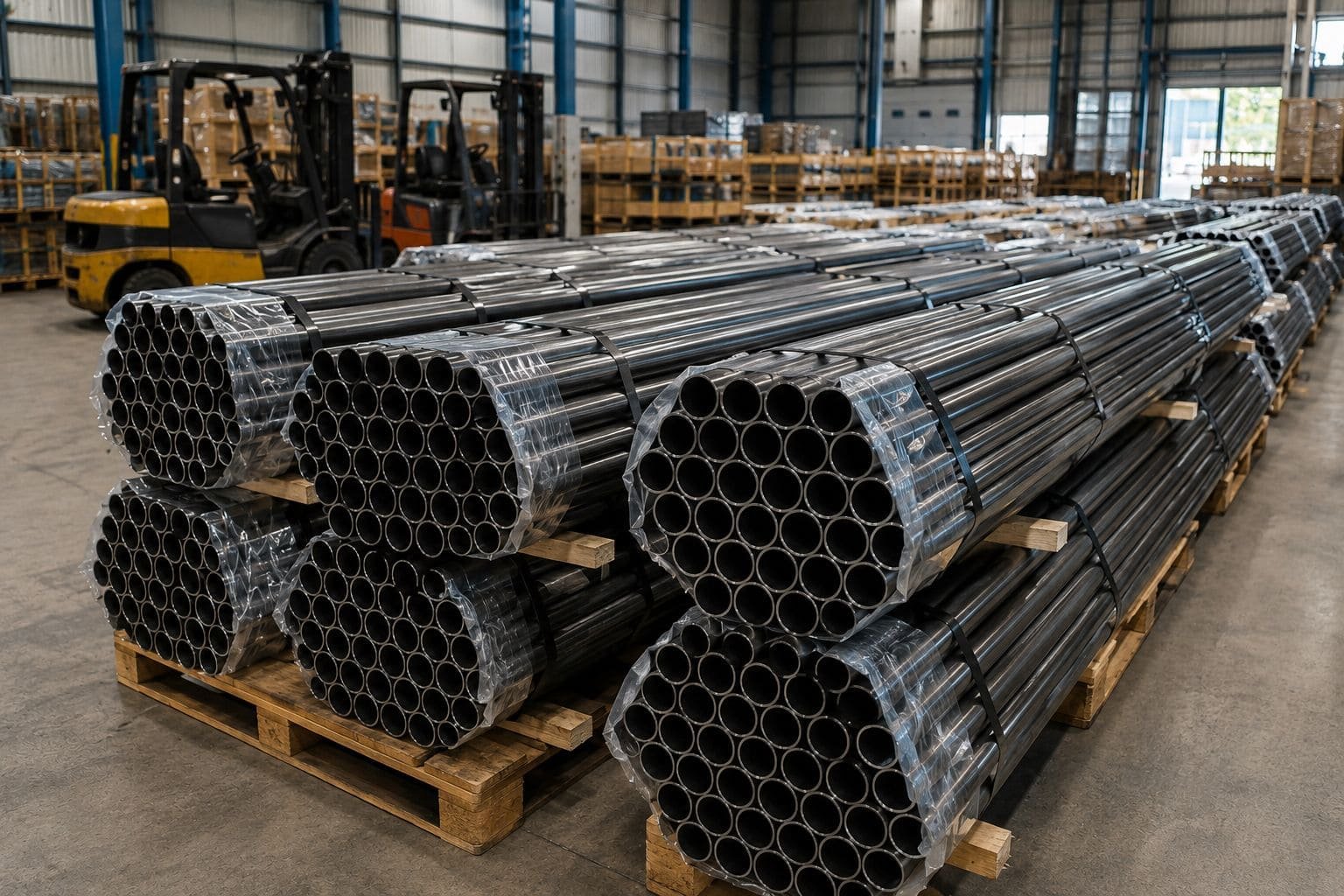 Assortment of chromoly steel tubes in different sizes arranged side by side, with an overlay chart displaying size specifications, representing a chromoly tubing size chart for the metal and steel industry.