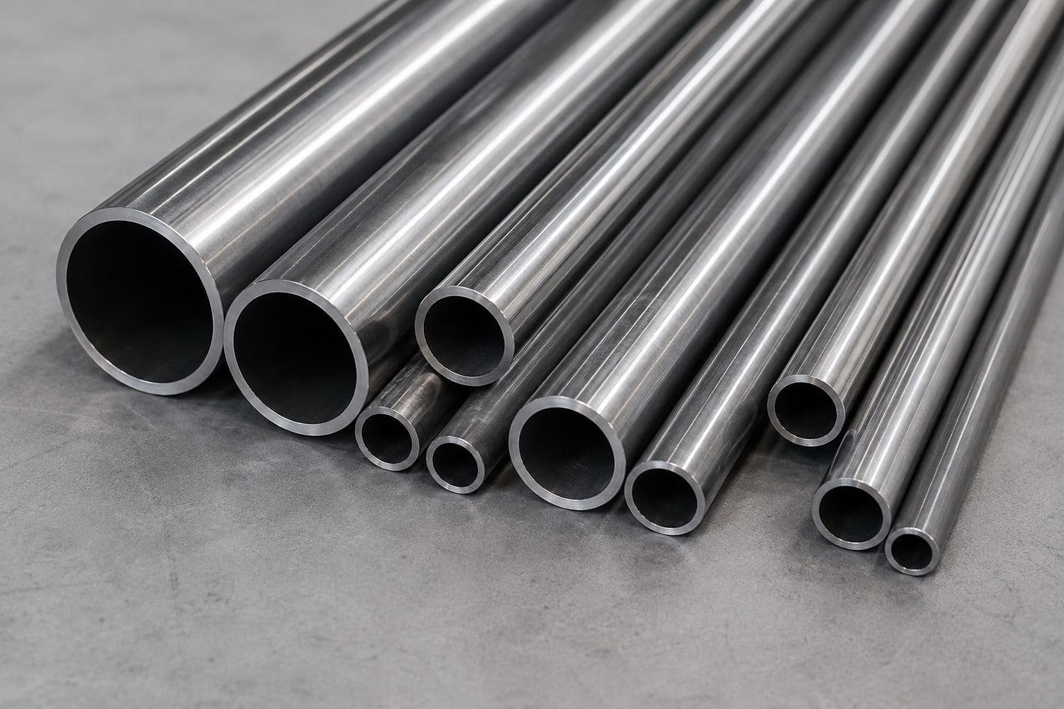 Close-up of AISI 4130 chromoly steel pipes and tubes stacked in a warehouse with a digital board displaying per kg prices, emphasizing industrial and metal market context.