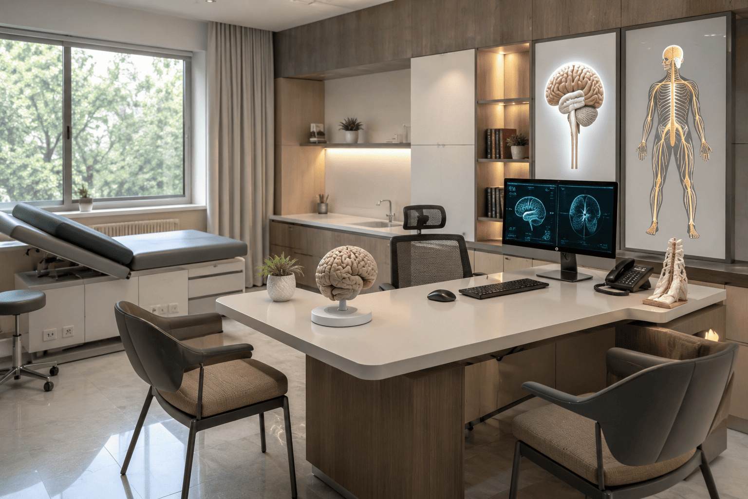 Medical illustration of a neurologist consulting with a patient about Parkinson's disease in a modern healthcare setting