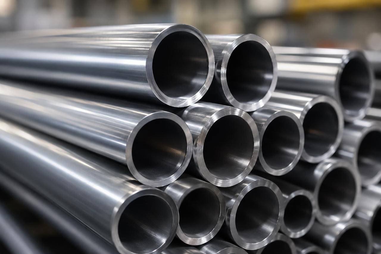Stacked 1-5/8 inch chromoly steel tubing arranged in an industrial metal supply warehouse, with circular pipe ends facing forward.