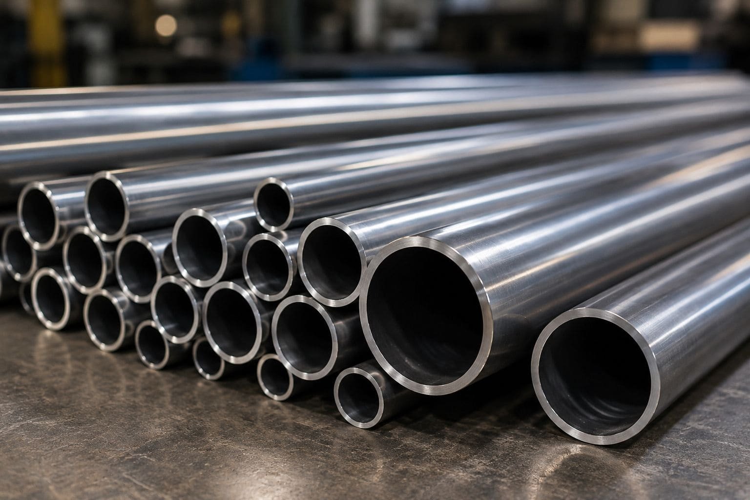 Assorted chromoly steel pipes and metal rods showing different equivalent grades like AISI 4130, EN 25CrMo4, and ASTM A519 in an industrial warehouse environment.