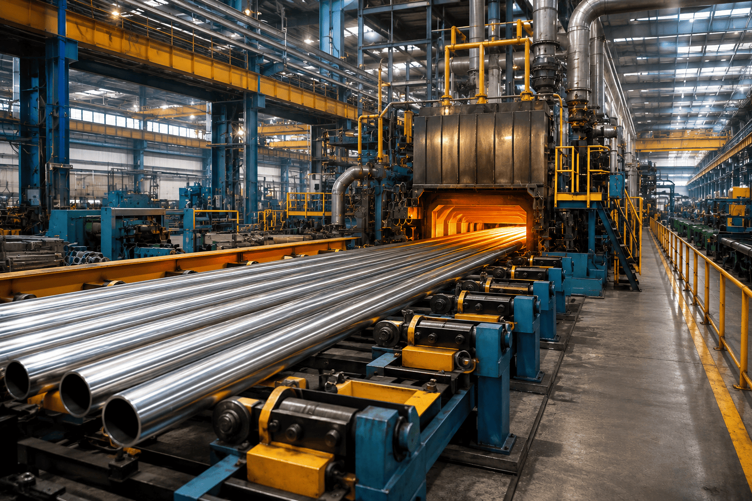 ASTM A420 WPL6 steel pipe fittings including elbows, tees, and reducers displayed on an industrial metal surface, with steel pipes and a warehouse in the background.